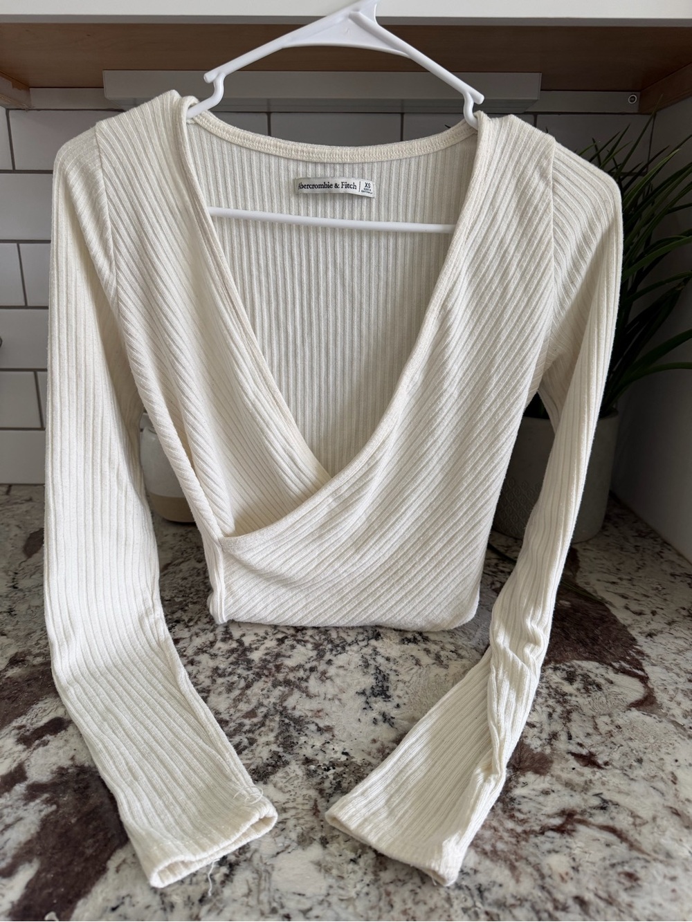 Abercrombie & Fitch Cream Ribbed Wrap Long-Sleeve Crop Top